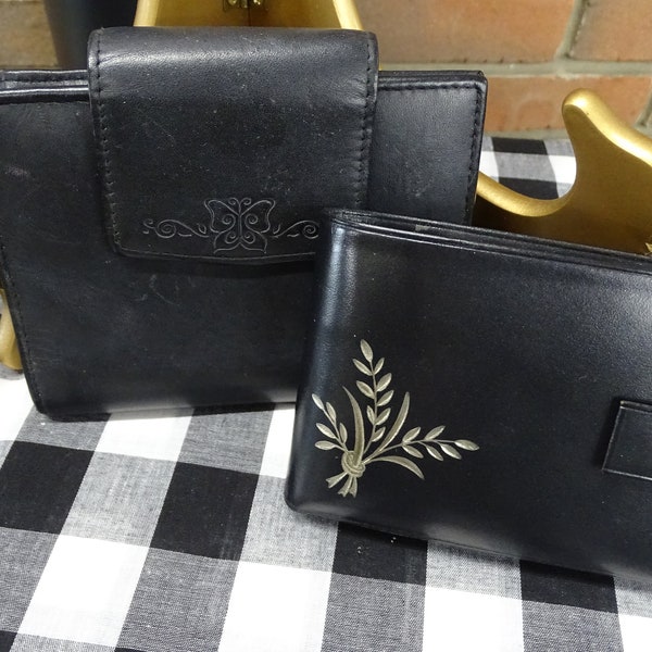 Vintage Buxton Schwarze Leder Geldbörsen; 1960er Jahre Lady Buxton mit silbernen Blumen, 1990er Jahre Buxton Butterfly Design Lederbrieftasche, einzeln erhältlich