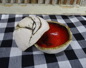 Vintage Neutral Raku Fired Ceramic Jar with Red Interior and Two Bowl Configuration by P Cihut, Vitnage Raku Ceramic Bowls and Storage Jar