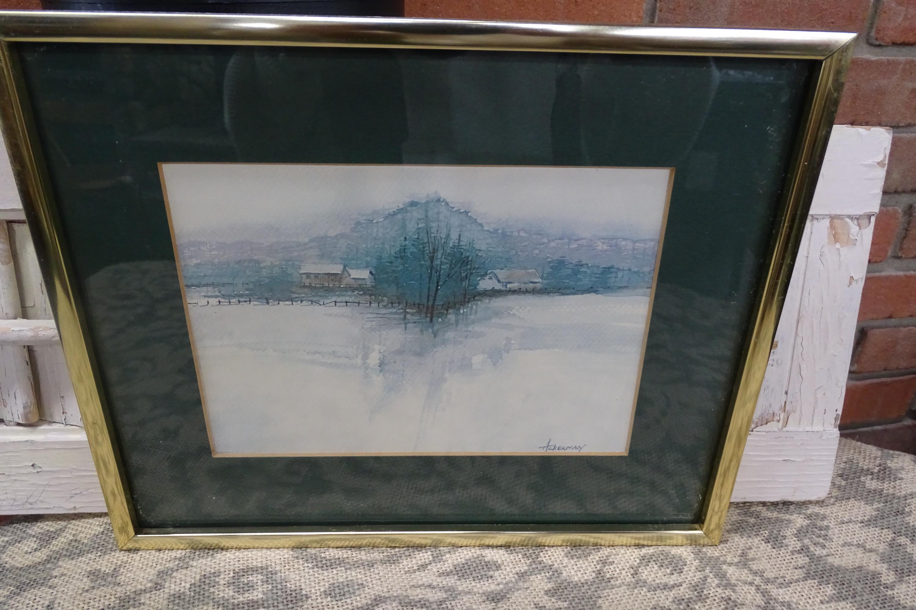 Framed Winter Farm Watercolor Painting by Frank Ackerman: Vintage Americana