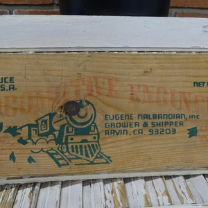 Rustic Crate End with Locomotive Graphics, Vintage Crate End from California Vintner, Retro Crate End with Train Image and CA address,
