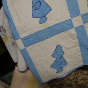 Vintage Sunbonnet Sue Crib Quilt: Hand-stitched 1937 Blue & White Cotton
