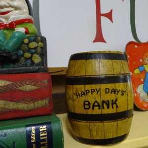 Vintage &quot;Happy Days&quot; Barrel Coin Bank: 1930s J. Chein Lithograph Tin