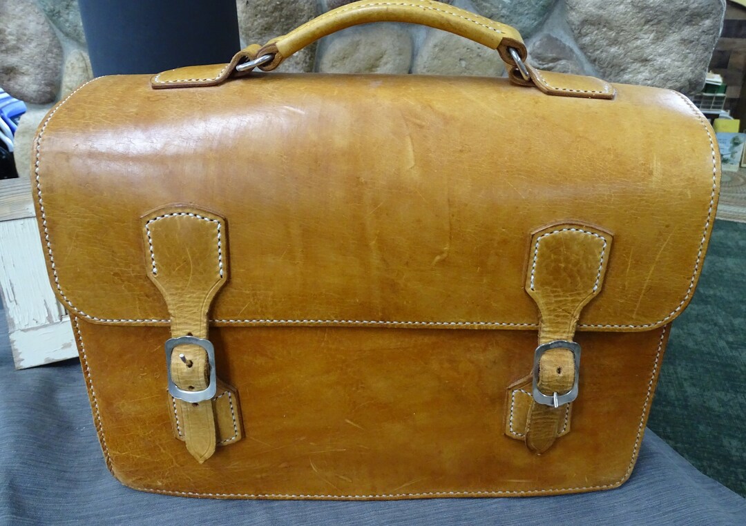Vintage Tan Leather Accordion Briefcase With Top Handle Etsy