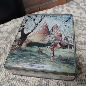 Vintage Sharp&#39;s Toffee Tin: Kentish Oasts Lithograph, Hinged Metal Candy Tin