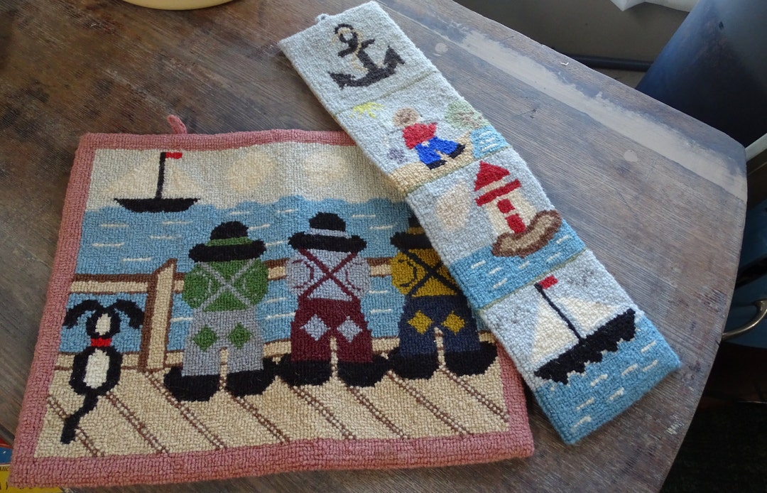 Vintage Coop Artisanale Hand Hooked Miniature Rugs Seaside Scene, Authentic Nova Scotia