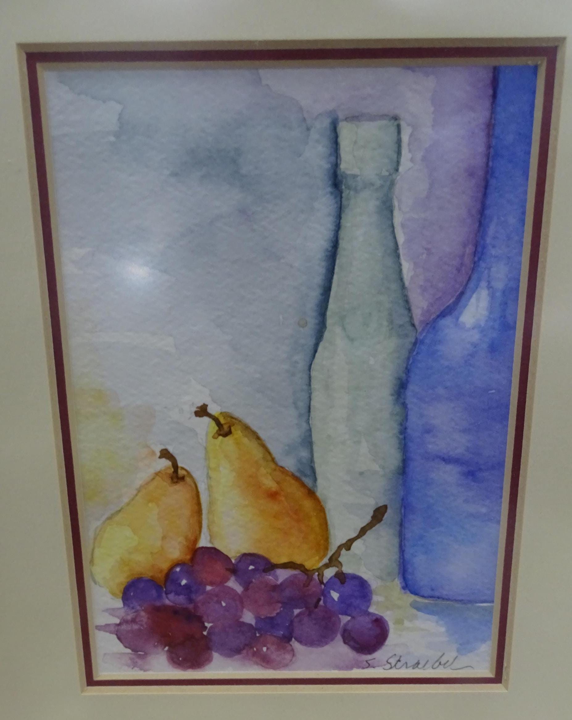 ヴィンテージ額入り水彩画静物画：フルーツとボトル、サイン入りアート