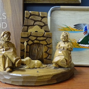 Vintage Quebec Wooden Carving: Berthier Beauregard Folk Art Cabin Decor