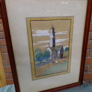 Antique European Church Watercolor Painting, Framed Rural Scene, 1920s Art
