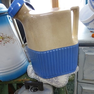 Vintage Universal Potteries Blue Ribbed Water Pitcher with Cork