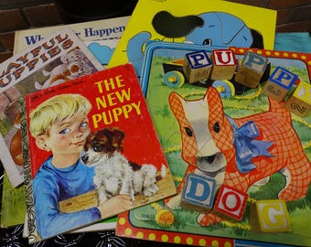 Vintage Puppy Gift Set: 3 Puzzles, 2 Golden Books, Wooden Blocks