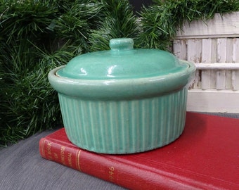Antique Ribbed Farmhouse Green Lidded Casserole, Antique Green Pottery Bowl with Lid and Ribbed Design, Antique Unmarked Pottery Bowl & Lid