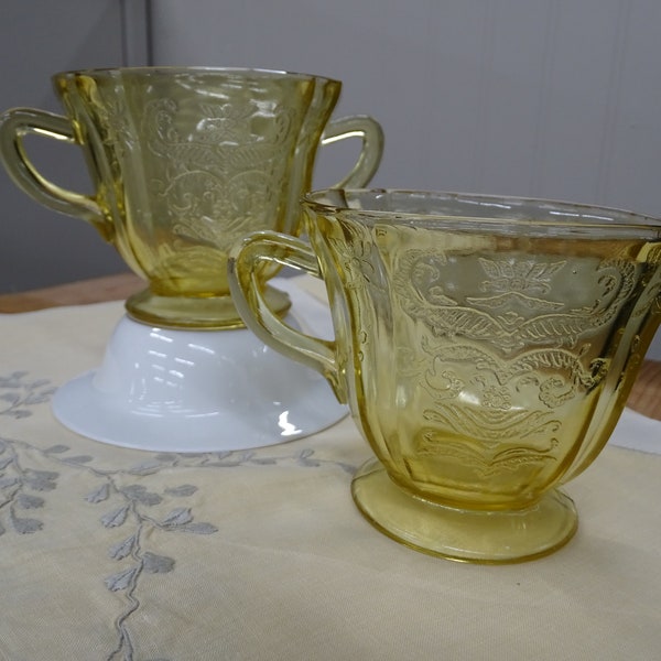 Vintage Light Amber Federal Glass Madrid Pattern Creamer And Sugar Bowl, Amber Gold Glass Creamer & Sugar Set, Depression Glass Cream/Sugar