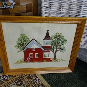 Retro Crewel Red School House Framed, Colorful Crewel Picture of Country School House, 1970s Crewel of Rural Country Farm House and Trees