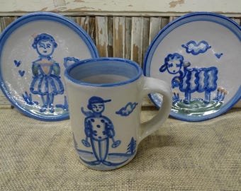 Vintage M. Hadley Blue Dishes/Mug, Vintage Collectible Stoneware Hadley Side Plates; Sheep and Little Girl and Skier Mug, Hadley Pieces
