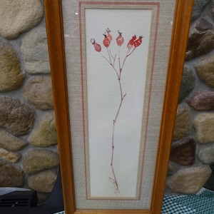 Vintage Rose Hips Watercolor Painting by Michigan Artist Victor Hayes, Custom Framed