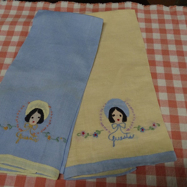 Vintage Hand Sewn Applique Linen Guest Towels, Delicate Lady and Flowers Linen Guest Towel Set, 1960s Vintage Guest Towel Set, Linen Towels