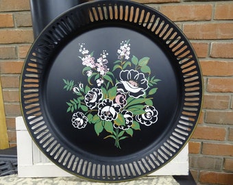 Hand Painted Tole Tray Round Hydrangeas Roses Violets Foilage