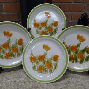 4 Meadowbrook Stoneware Side Plates with Poppies, Retro Meadowbrook Stoneware Plates with Poppies, Green Rim and Speckled Brown Background