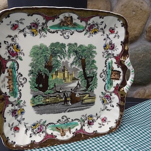 Vintage Mason&#39;s Ironstone Cake Plate: Gray Transferware Scene, Copper Accents