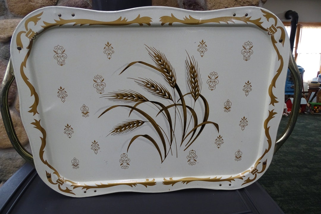 Vintage Wheat Lithograph Metal Tray With Foldable Legs, 1960s Metal TV