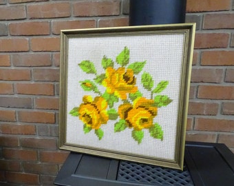 Vintage Framed Floral Needlepoint: Earth Toned Wool Stitchery