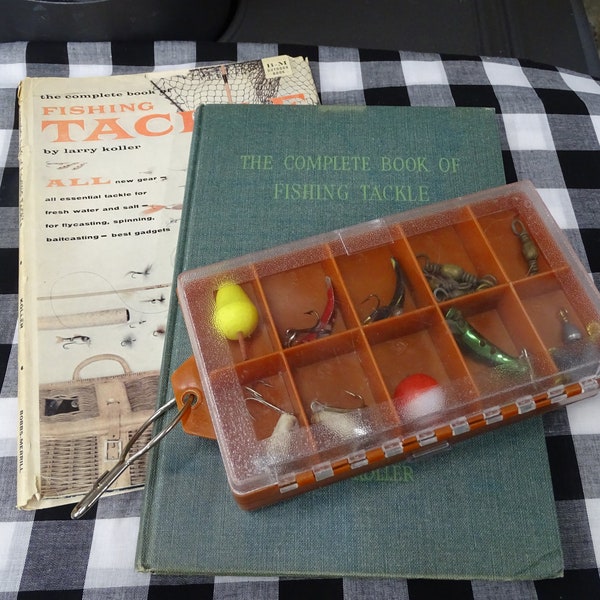 Vintage Double Sided Plastic Fishing Tackle Box with Lures and Larry Koller Fishing Tackle Book, Vintage Fishing Tackle Box and Fishing Gear