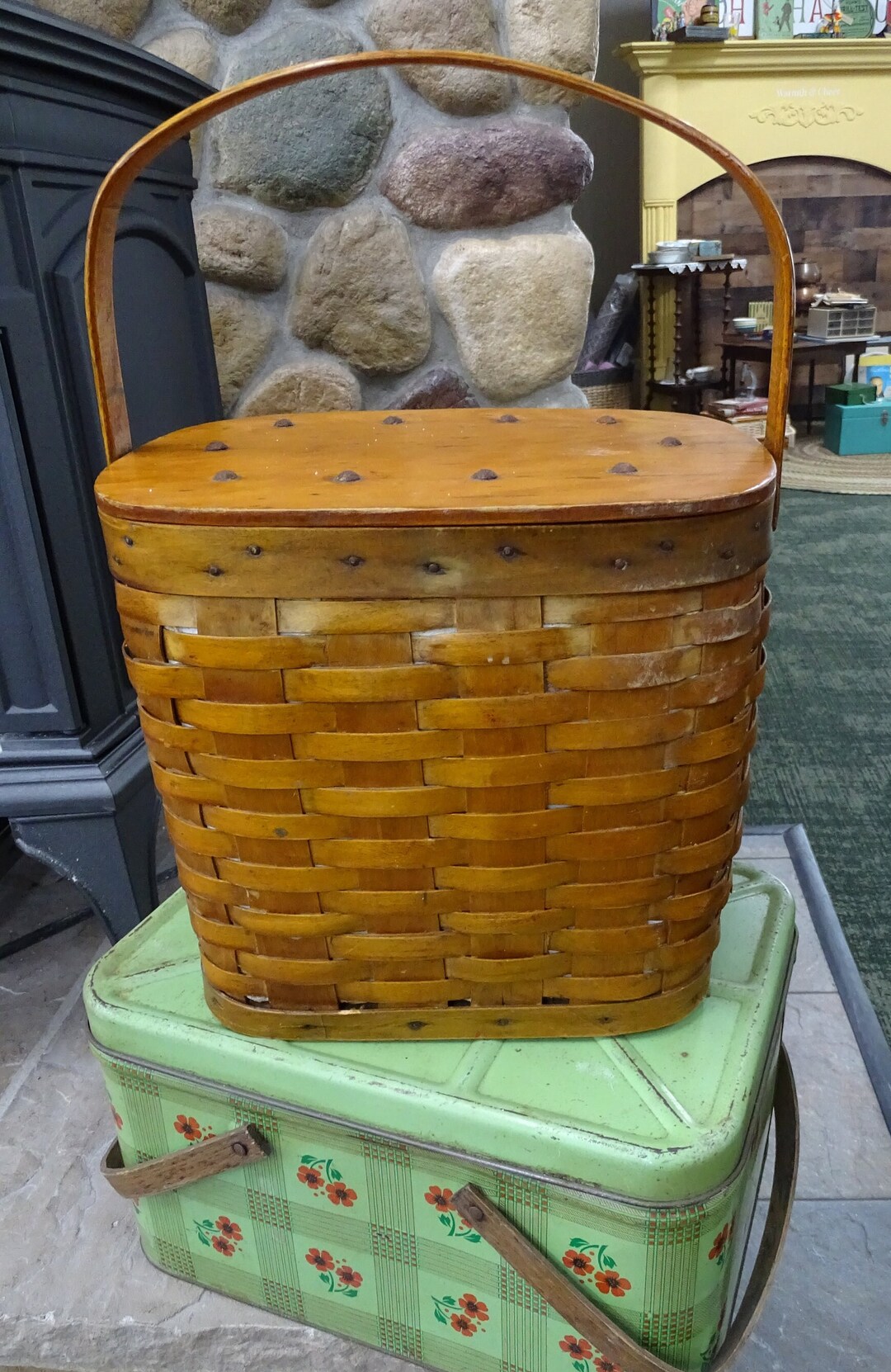 Antique 1910s Woven Wood Slat Picnic Basket With Metal Liner and