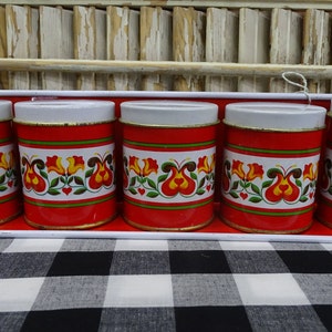 Vintage Metal Spice Shelf with Lithograph Jars, Vintage Hangable Shelf with 5 Small Containers Made in Brazil, Retro Spice Storage Red