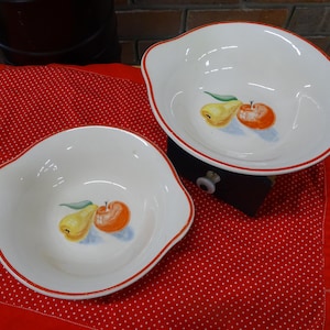 Könnte beinhalten: Zwei weiße Keramikschalen mit rotem Rand und einem bemalten Apfel- und Birnenmuster. Die Schalen stehen auf einer roten Tischdecke mit Tupfen. Eine Schale ist etwas größer als die andere.