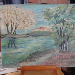Pintura al óleo vintage de doble cara de un río y un ramo de flores sin marco, pintura al óleo rústica de los años 40 con paisajes y escenas de naturaleza muerta, firmada