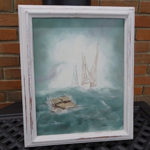 Vintage Nautical Oil Painting: Fishing Boats, Shabby Chic Frame
