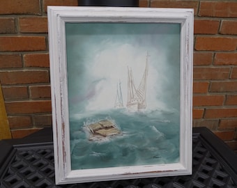 Vintage Nautical Oil Painting: Fishing Boats, Shabby Chic Frame