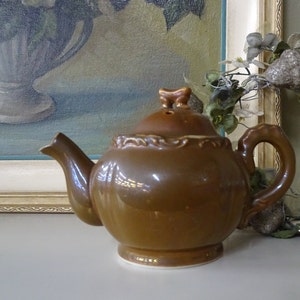 théière vintage brun lustré, théière avec note manuscrite, théière en céramique brune vintage, théière vintage une portion