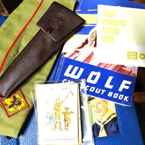 Vintage Boy/Cub Scout Set; 1930s Certificates, Official Hat, 1960s Silverware in Case and 1950s Cub Scout Scrap Book, Boy Scout Ephemera