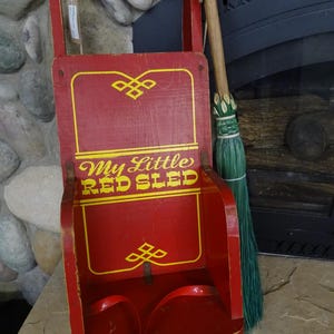 Vintage Wooden Toddler "My Little Red Sled", Retro Wood Snow Sled for Decoration, Vintage Red Wood Back Seat Snow Sled to Pull Toddlers
