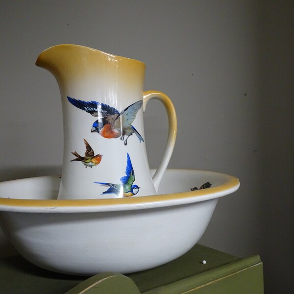 Antique Empire Ware Washstand Pitcher/Ewer and Bowl with Bird Motif, Antique Earthenware English Basin & Pitcher Gold On White Bird Imagery