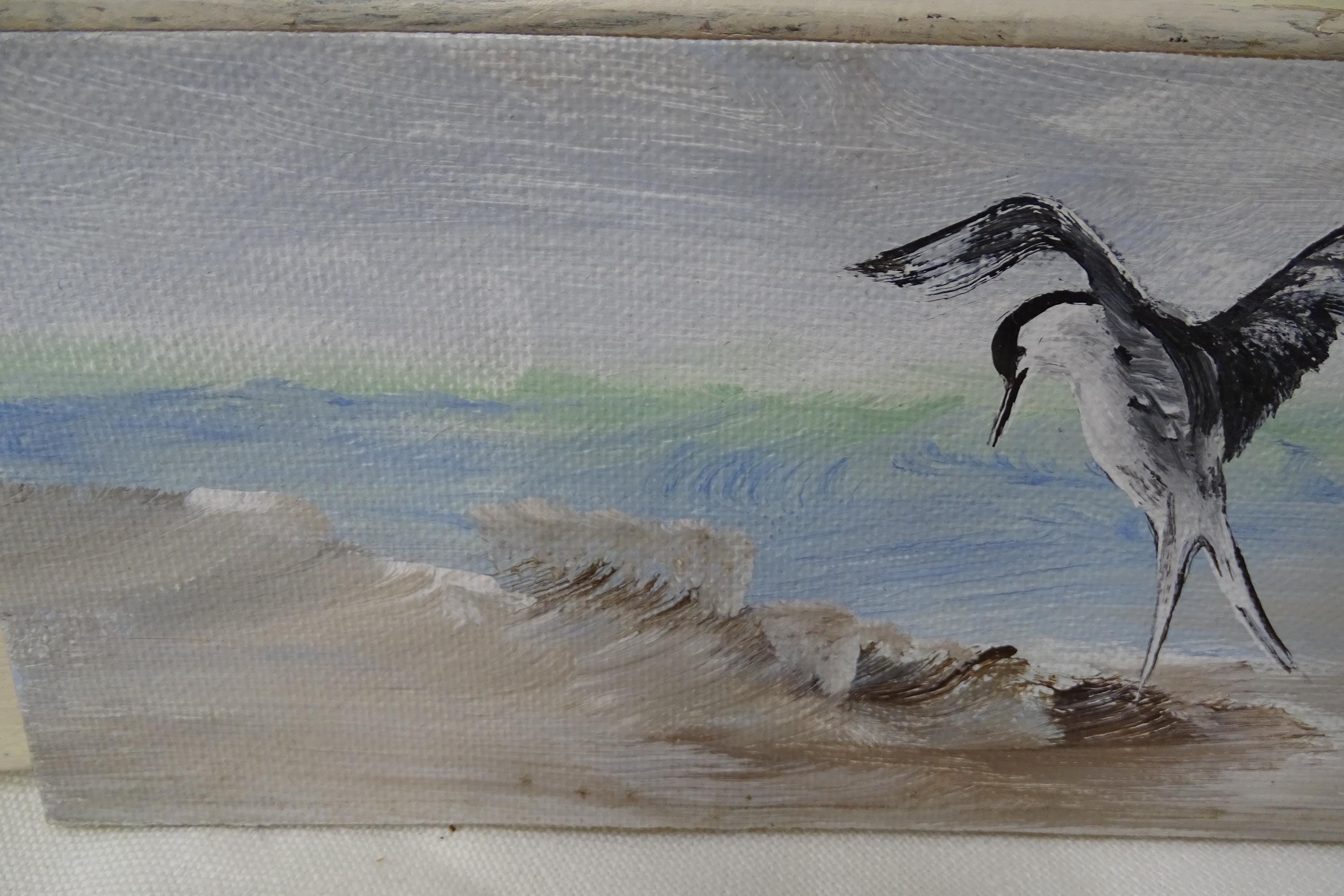 ヴィンテージ海鳥アクリル画：小さなキャンバスに描かれた海の波の