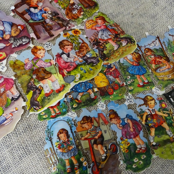 Vintage German Die Cut Scrap AFKH Children and Pets Theme,  Vintage Glanzbilder Oblaten Scraps with Bright Colors and Glitter, Two Sheets