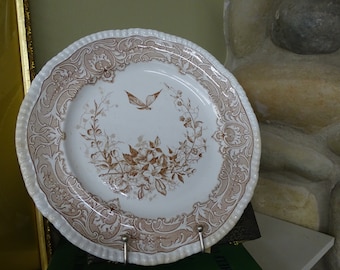 Antiekbruin transferware esthetische bewegingsplaten/laders, zeldzame 19e-eeuwse Florio Palermo roccocobruine transferwareplaten