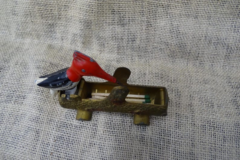 Vintage Painted Metal Woodpecker Bird Toothpick/match Holder and