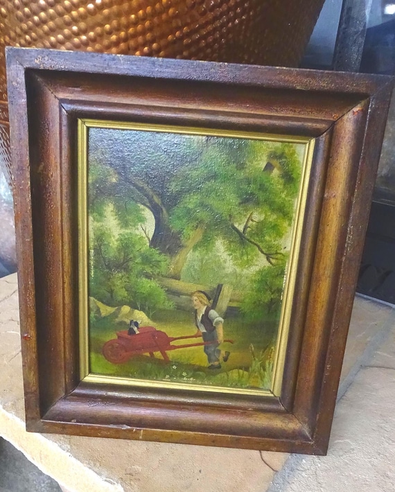 アンティークの少年と犬の油絵：1892年、額装された庭の風景 - Etsy 日本