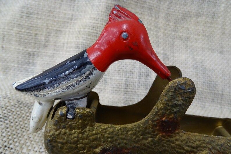 Vintage Painted Metal Woodpecker Bird Toothpick/match Holder and