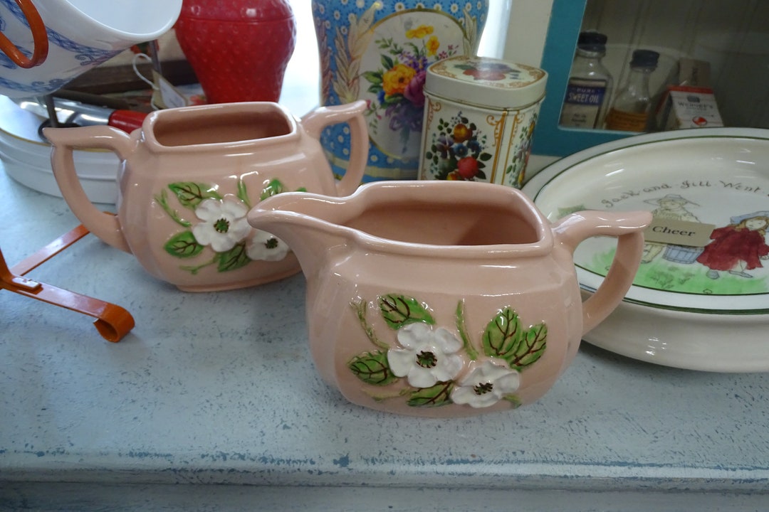 Vintage Hull Arts Pink Dogwood Cream and Sugar Set, MCM Pink Flower