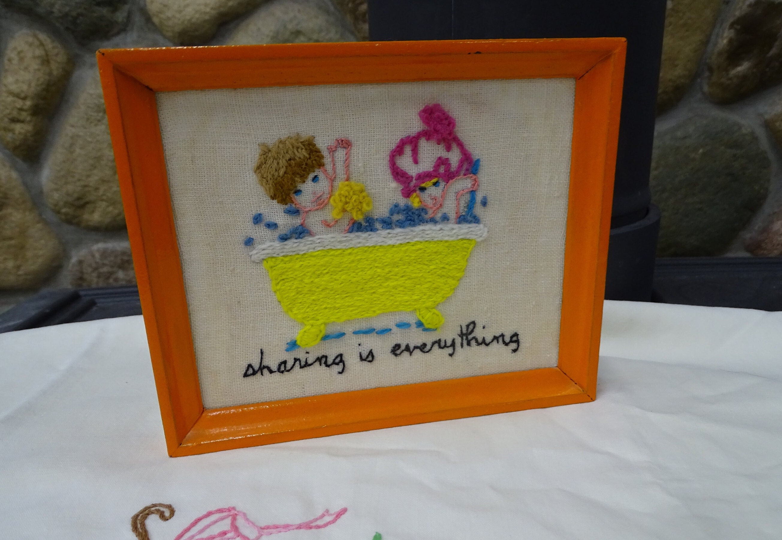 Vintage Children in Bathtub Crewel Embroidery - 1980s Framed Stitchery