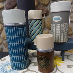 Retro Graphic Thermos Set: 60s/70s Vintage Insulated Picnic Props