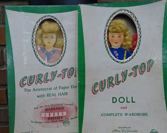 Zwei Vintage Alma De Journette Papierpuppen mit lockigem Oberteil und echten blonden Haaren, Kleiderschrank in Originalverpackung, Vintage Papierpuppen mit Outfits