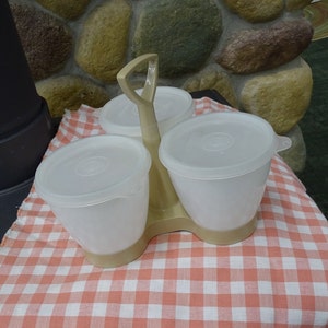 Retro Plastic Tupperware Condiment Caddy with 3 Cups/Bowls and Lids, Vintage Tupperware Condiment Caddy with Cups and Lids, Tupperware 757