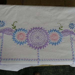 Vintage Hand bestickt Baumwolle Tischdecke: Pastell Blumenmuster (7 &#39;x 14&#39;)
