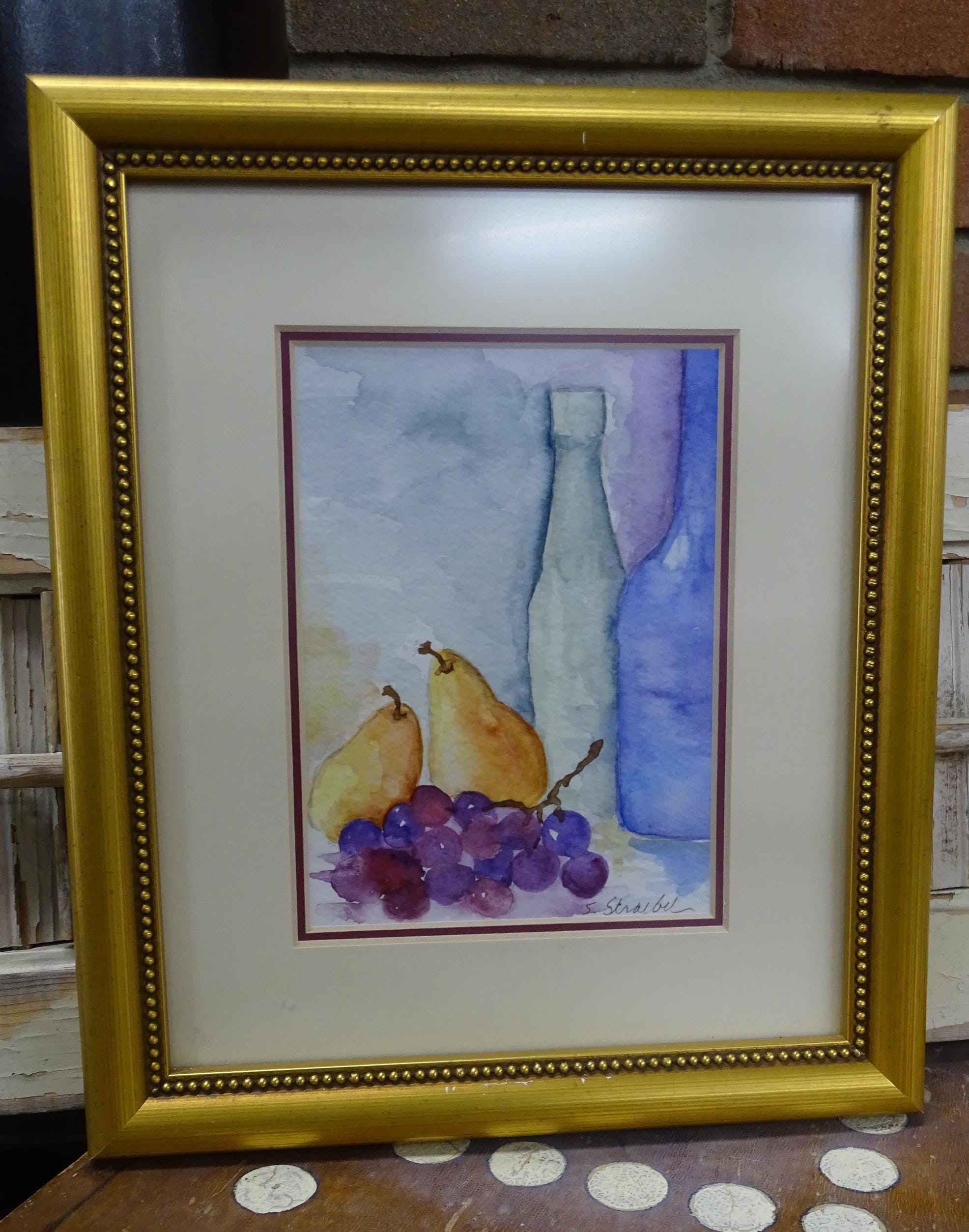 ヴィンテージ額入り水彩画静物画：フルーツとボトル、サイン入りアート