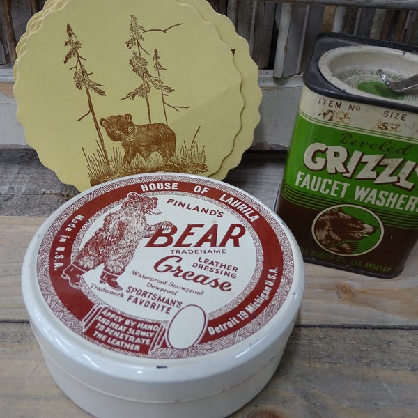 Vintage Bear Themed Cottage Gift Set; 2 Bear Tins and Gwen Frostic Coasters, Father's Day Gift Set, Retro Bear Themed Display & Décor Items